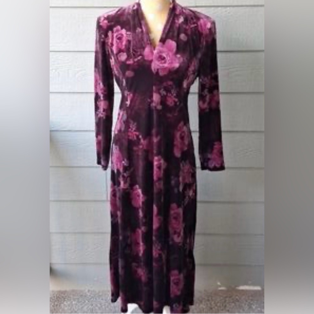 Coldwater Creek Purple and Pink Floral Long Sleeve Dress velvet size 12 maroon